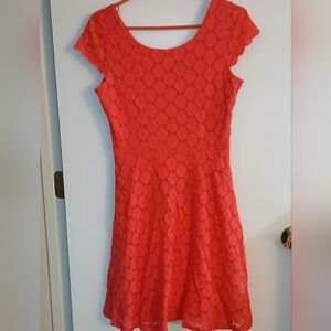 Ronni Nicole Vibrant Deep Coral Lace Mini Dress, Size 6